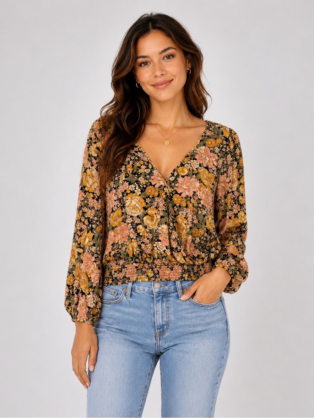 American Eagle Floral Blouse XS Women’s Long Sleeve V Neck Smocked Waist Boho